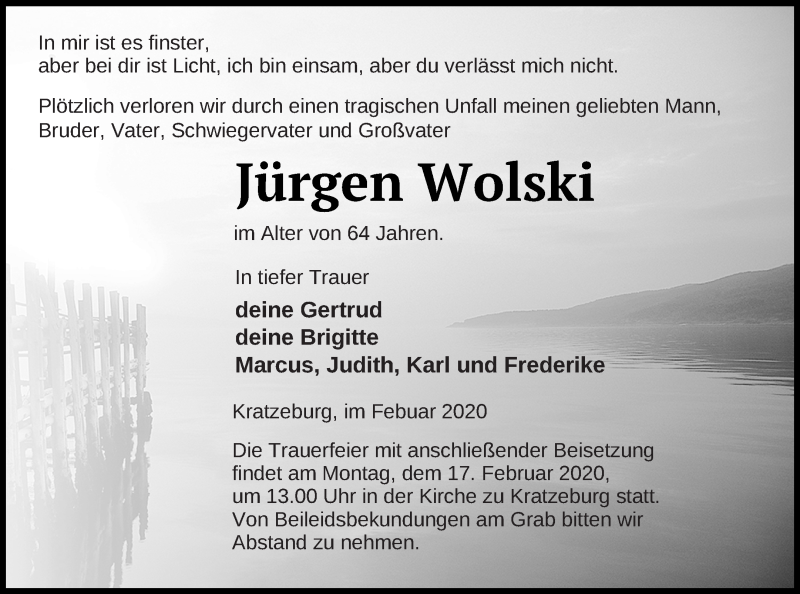  Traueranzeige für Jürgen Wolski vom 13.02.2020 aus Strelitzer Zeitung