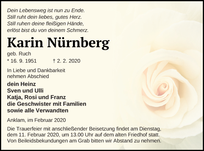  Traueranzeige für Karin Nürnberg vom 04.02.2020 aus Vorpommern Kurier