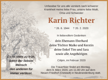 Traueranzeige von Karin Richter von Neubrandenburger Zeitung