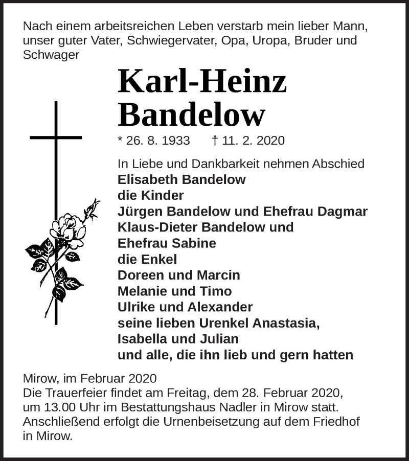  Traueranzeige für Karl-Heinz Bandelow vom 14.02.2020 aus Strelitzer Zeitung