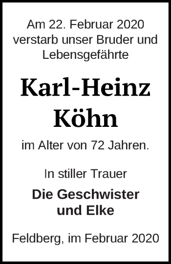 Traueranzeige von Karl-Heinz Köhn von Strelitzer Zeitung