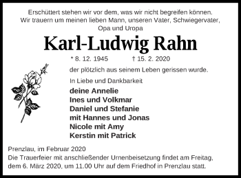 Traueranzeige von Karl-Ludwig Rahn von Prenzlauer Zeitung