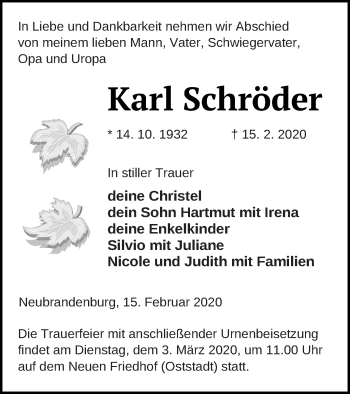 Traueranzeige von Karl Schröder von Neubrandenburger Zeitung