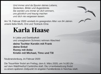 Traueranzeige von Karla Haase von Neubrandenburger Zeitung
