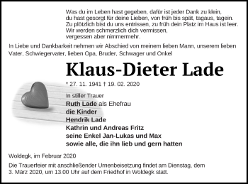 Traueranzeige von Klaus-Dieter Lade von Strelitzer Zeitung