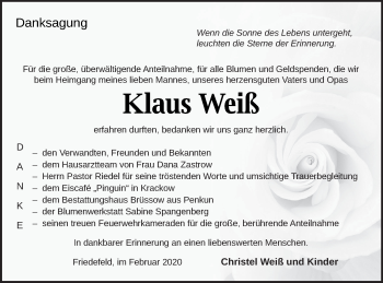 Traueranzeige von Klaus Weiß von Pasewalker Zeitung