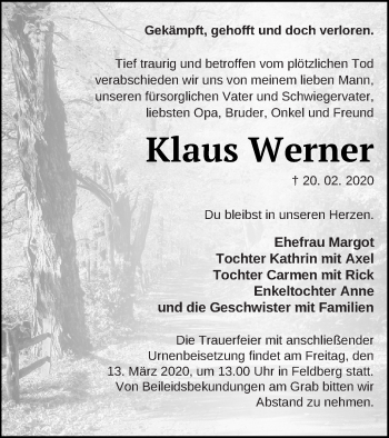 Traueranzeige von Klaus Werner von Strelitzer Zeitung