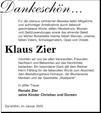 Traueranzeige von Klaus Zier von Vorpommern Kurier