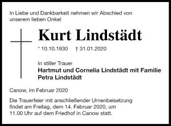 Traueranzeige von Kurt Lindstädt von Strelitzer Zeitung