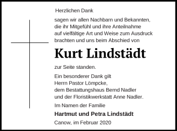 Traueranzeige von Kurt Lindstädt von Strelitzer Zeitung