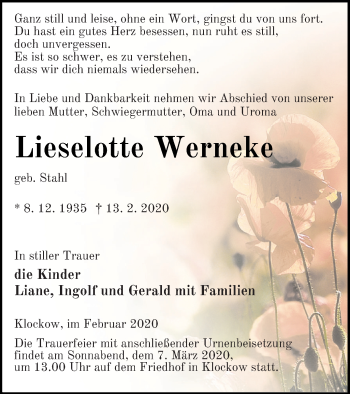 Traueranzeige von Lieselotte Werneke von Prenzlauer Zeitung