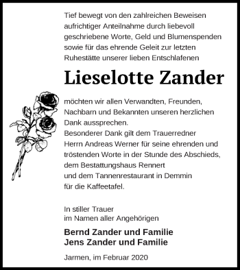 Traueranzeige von Lieselotte Zander von Vorpommern Kurier