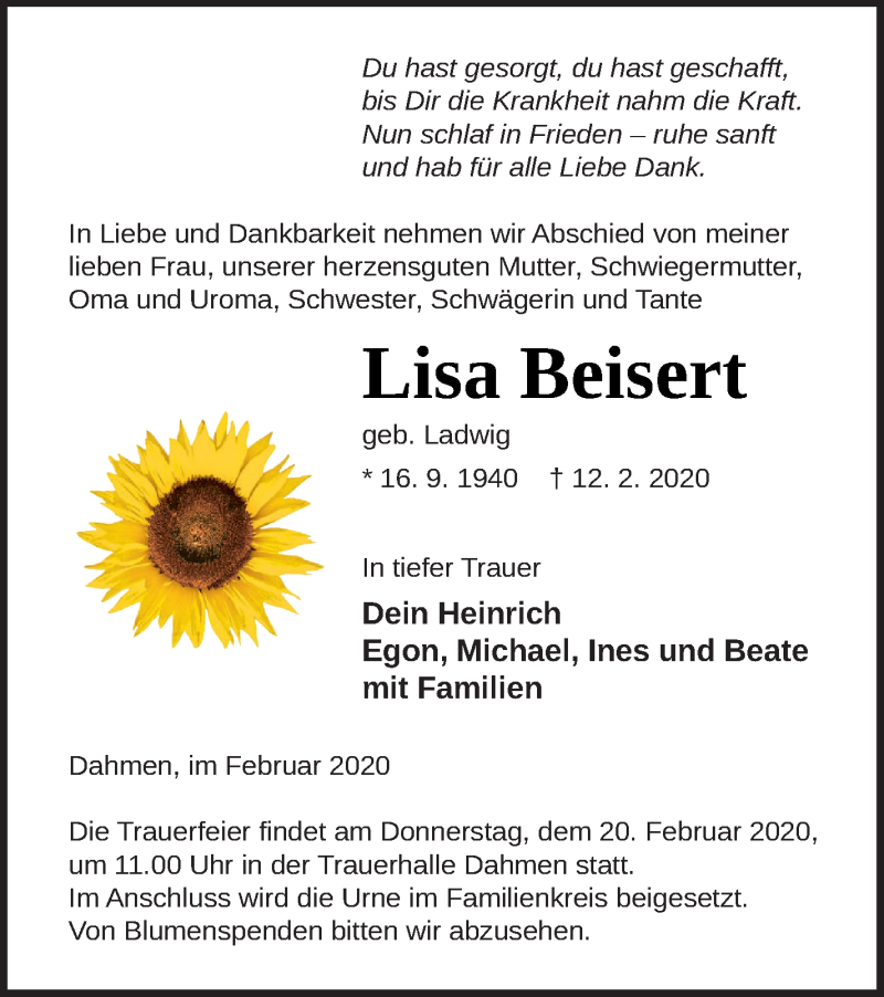  Traueranzeige für Lisa Beisert vom 15.02.2020 aus Mecklenburger Schweiz