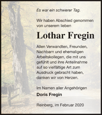 Traueranzeige von Lothar Fregin von Neubrandenburger Zeitung