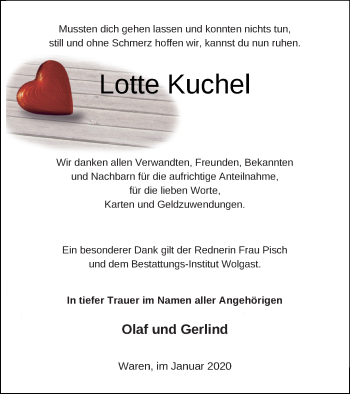 Traueranzeige von Lotte Kuchel von Müritz-Zeitung