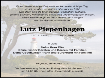 Traueranzeige von Lutz Piepenhagen von Prenzlauer Zeitung