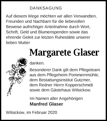 Traueranzeige von Margarete Glaser von Pasewalker Zeitung