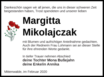 Traueranzeige von Margitta Mikolajczak von Templiner Zeitung