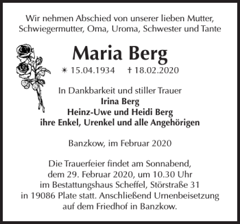 Traueranzeige von Maria Berg von Zeitung für die Landeshauptstadt