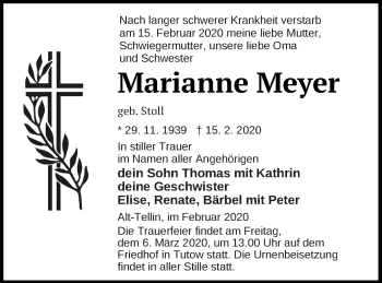 Traueranzeige von Marianne Meyer von Vorpommern Kurier