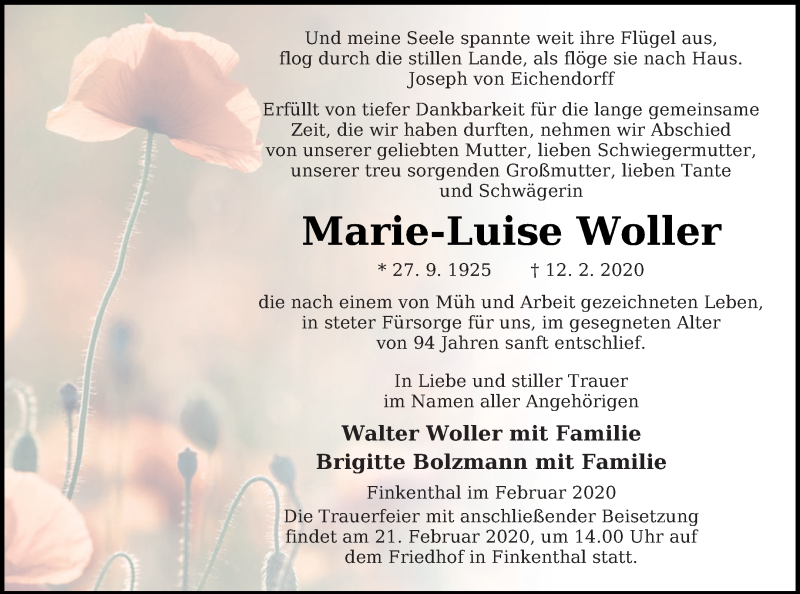 Traueranzeige für Marie-Luise Woller vom 15.02.2020 aus Mecklenburger Schweiz