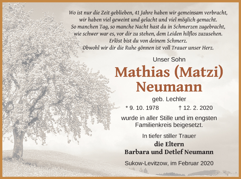  Traueranzeige für Mathias Neumann vom 22.02.2020 aus Mecklenburger Schweiz