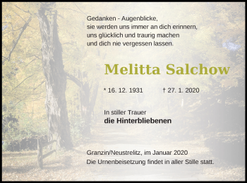 Traueranzeige von Melitta Salchov von Strelitzer Zeitung