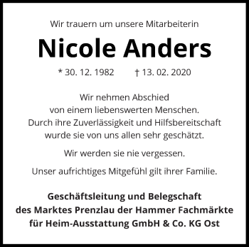 Traueranzeige von Nicole Anders von Prenzlauer Zeitung