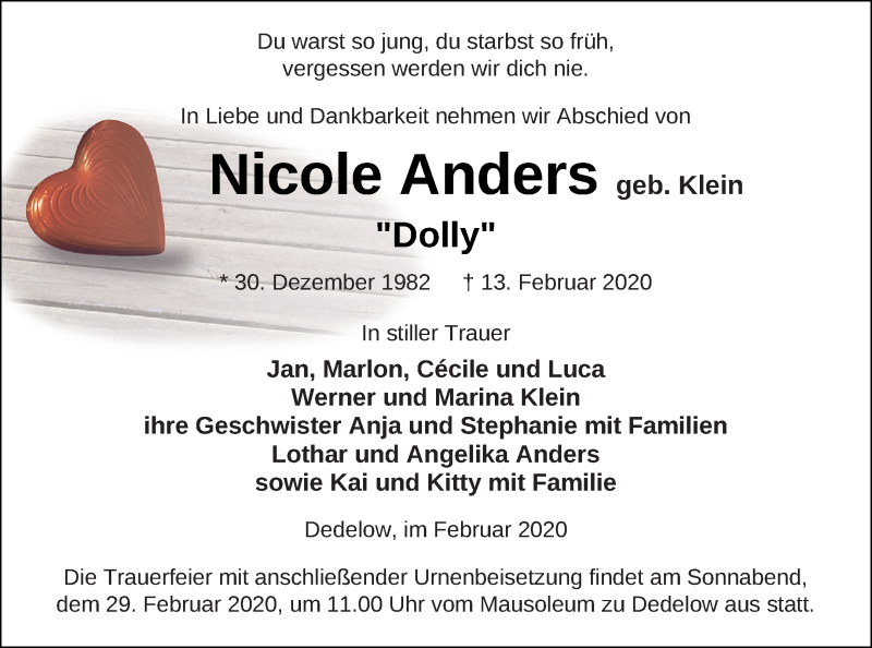  Traueranzeige für Nicole Anders vom 22.02.2020 aus Prenzlauer Zeitung