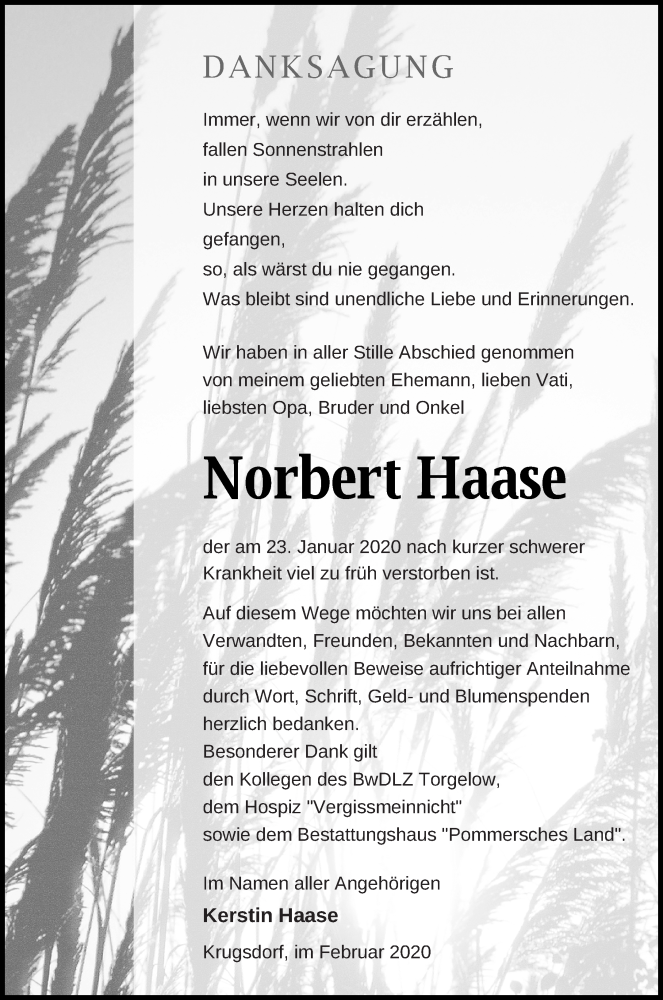  Traueranzeige für Norbert Haase vom 12.02.2020 aus Pasewalker Zeitung
