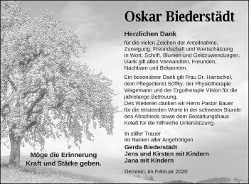 Traueranzeige von Oskar Biederstädt von Demminer Zeitung