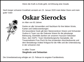 Traueranzeige von Oskar Sierocks von Müritz-Zeitung