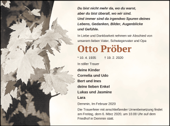 Traueranzeige von Otto Pröber von Demminer Zeitung
