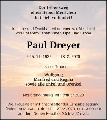 Traueranzeige von Paul Dreyer von Neubrandenburger Zeitung