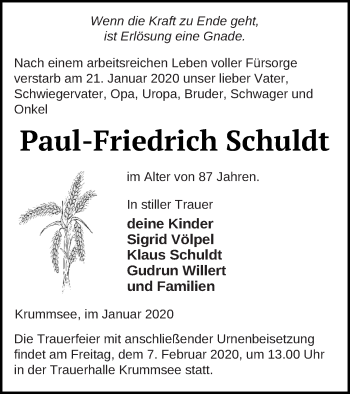 Traueranzeige von Paul-Friedrich Schuldt von Mecklenburger Schweiz