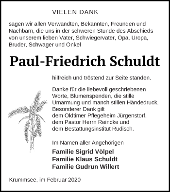 Traueranzeige von Paul-Friedrich Schuldt von Mecklenburger Schweiz