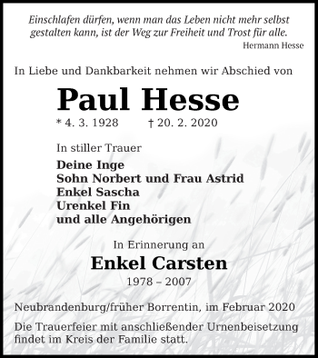 Traueranzeige von Paul Hesse von Demminer Zeitung