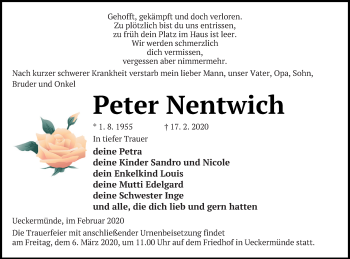 Traueranzeige von Peter Nentwich von Haff-Zeitung