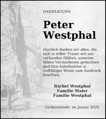 Traueranzeige von Peter Westphal von Haff-Zeitung