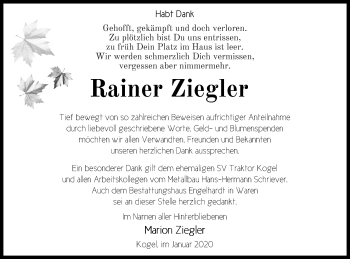 Traueranzeige von Rainer Ziegler von Müritz-Zeitung