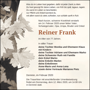Traueranzeige von Reiner Frank von Demminer Zeitung