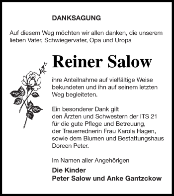 Traueranzeige von Reiner Salow von Neubrandenburger Zeitung