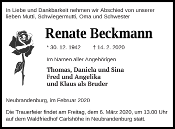 Traueranzeige von Renate Beckmann von Neubrandenburger Zeitung