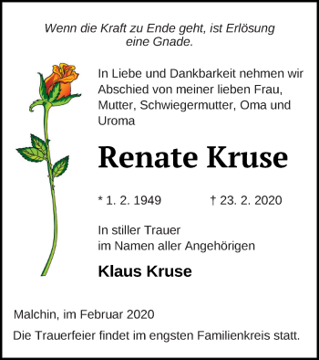 Traueranzeige von Renate Kruse von Mecklenburger Schweiz