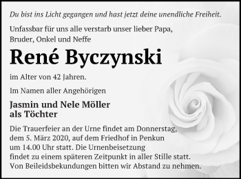 Traueranzeige von René Byczynski von Pasewalker Zeitung