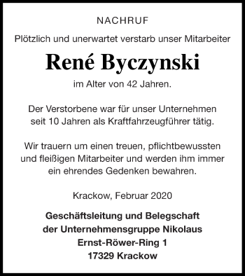 Traueranzeige von René Byczynski von Pasewalker Zeitung