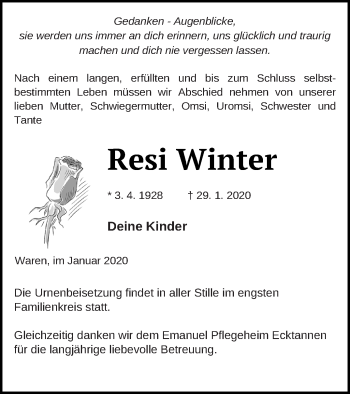 Traueranzeige von Resi Winter von Müritz-Zeitung