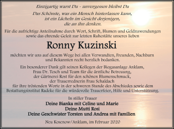 Traueranzeige von Ronny Kuzinski von Vorpommern Kurier