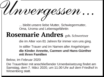 Traueranzeige von Rosemarie Andres von Strelitzer Zeitung