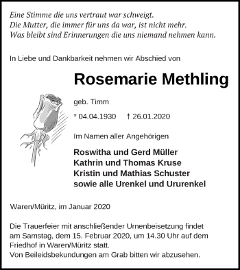 Traueranzeige von Rosemarie Methling von Müritz-Zeitung